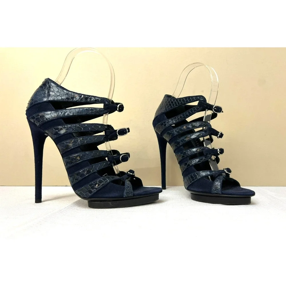 Balenciaga Stilletto Cage Heels Navy Blue Python + Suede Leather Pointed SZ 38/8